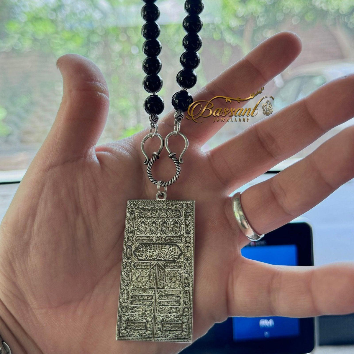 تعليقة مراية العقيق الأسود أونكس أحجار كريمة وفضة عيار ٩٢٥ | Black Agate-Onyx Gemstone Mirror Hanging Silver 925 | Bassant Jewellery