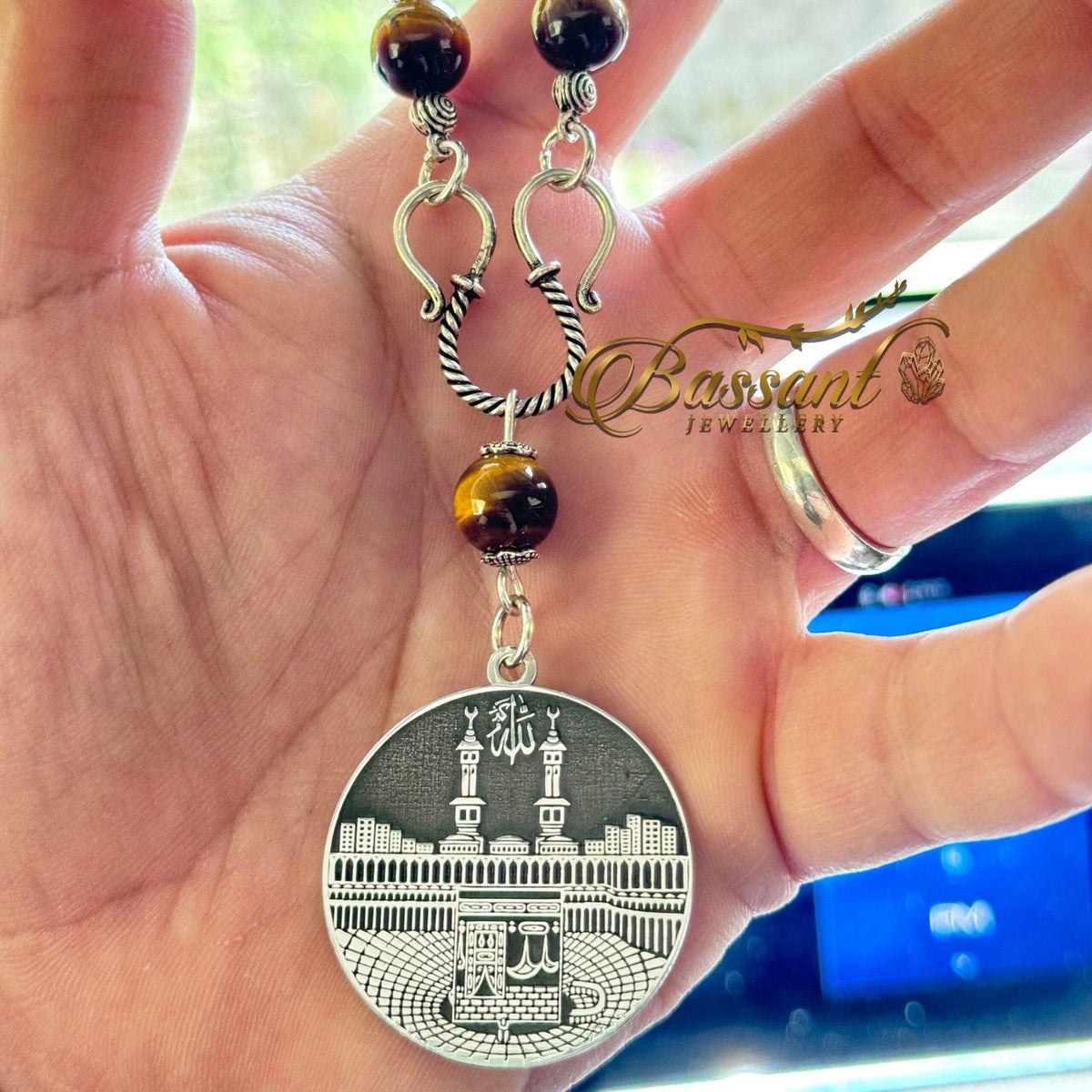 تعليقة مراية حجر عين النمر أحجار كريمة وفضة عيار ٩٢٥ | Tiger Eye Gemstone Mirror Hanging Silver 925 | Bassant Jewellery