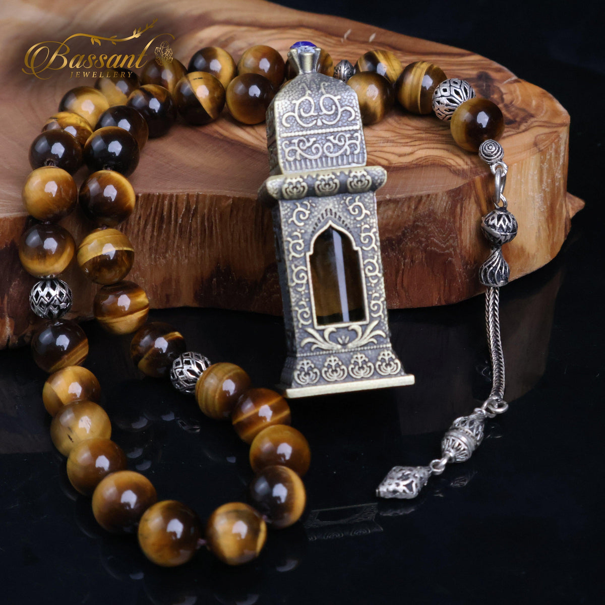 سبحة حجر كريم حجر عين النمر | أحجار كريمة و فضة عيار ٩٢٥ | Tiger Eye gemstone Islamic prayer beads - Silver 925 | Bassant Jewellery