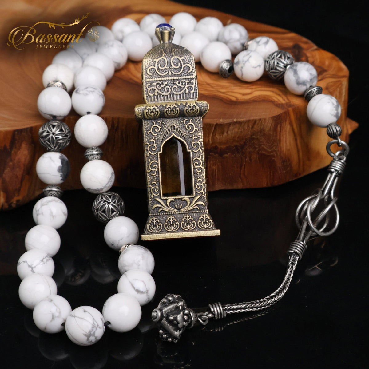 سبحة حجر كريم الهاولايت الأبيض | أحجار كريمة و فضة عيار ٩٢٥ | White Howlite gemstone Islamic prayer beads - Silver 925 | Bassant Jewellery