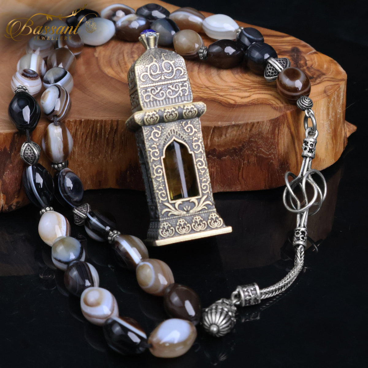 سبحة حجر كريم العقيق السليماني | أحجار كريمة و فضة عيار ٩٢٥ | Suleiman Agate gemstone Islamic prayer beads - Silver 925 | Bassant Jewellery