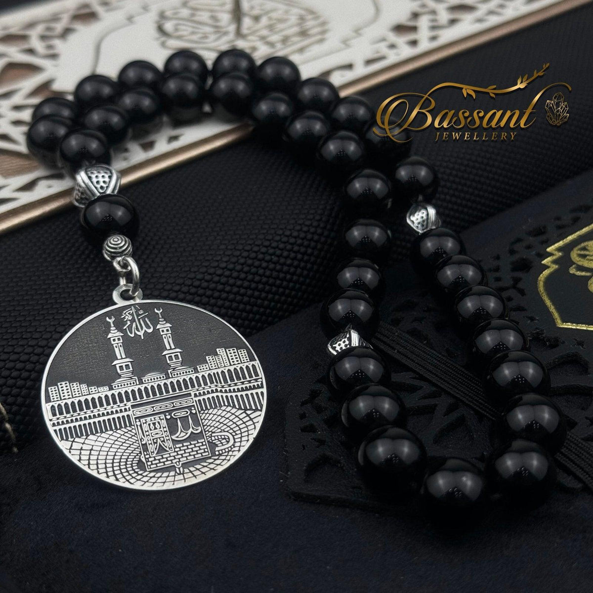 مسبحة عقيق أسود تصميم الكعبة ٣٣ خرزة فضة ٩٢٥ | Black Agate Kaaba Misbaha 33 Beads Silver 925 | Bassant Jewellery