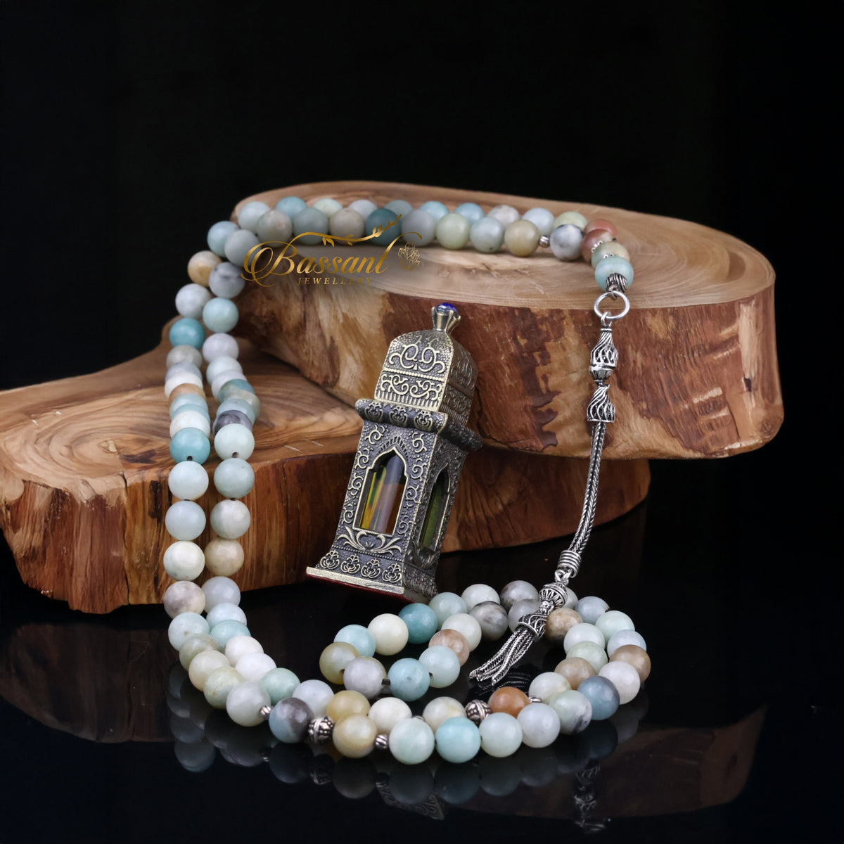سبحة حجر كريم الأمازونيت | أحجار كريمة و فضة عيار ٩٢٥ | Amazonite gemstone Islamic prayer beads - Silver 925 | Bassant Jewellery