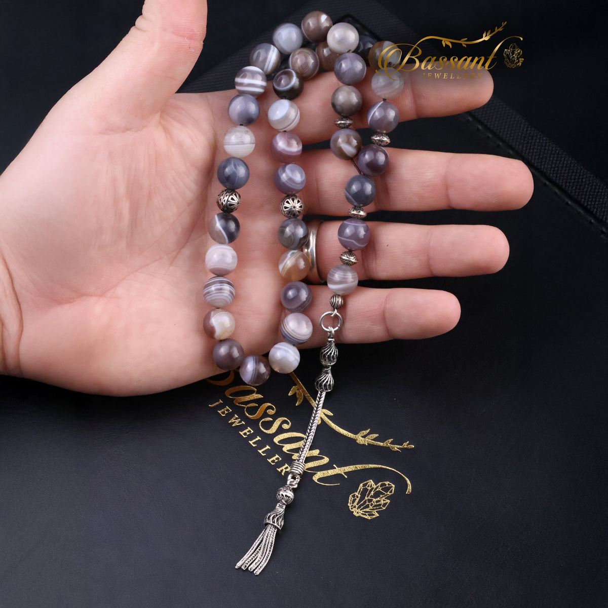 سبحة حجر كريم عقيق بوتسوانا | أحجار كريمة و فضة عيار ٩٢٥ | Botswana Agate gemstone Islamic prayer beads - Silver 925 | Bassant Jewellery