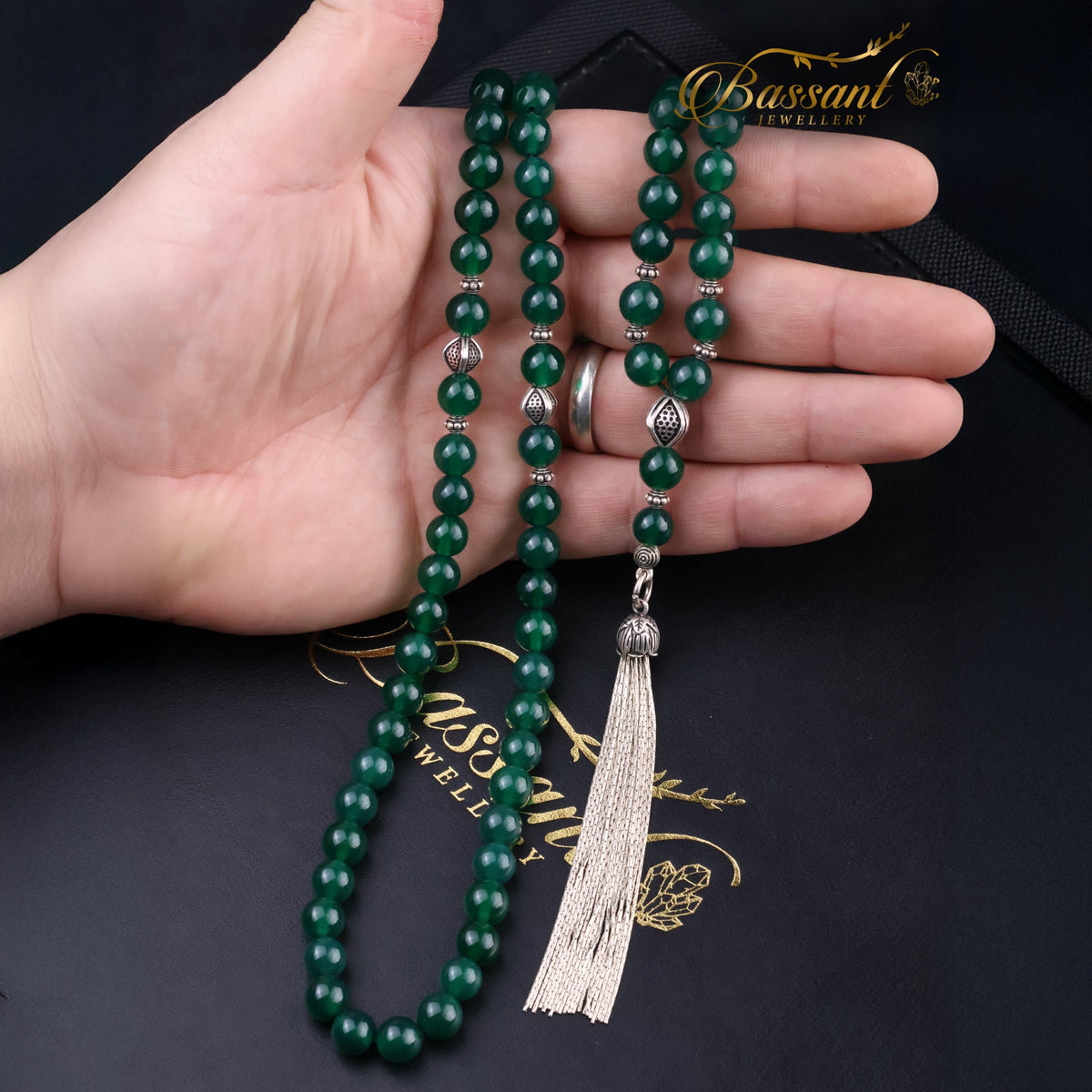 سبحة حجر كريم العقيق الأخضر | أحجار كريمة و فضة عيار ٩٢٥ | Green Agate gemstone Islamic prayer beads - Silver 925 | Bassant Jewellery