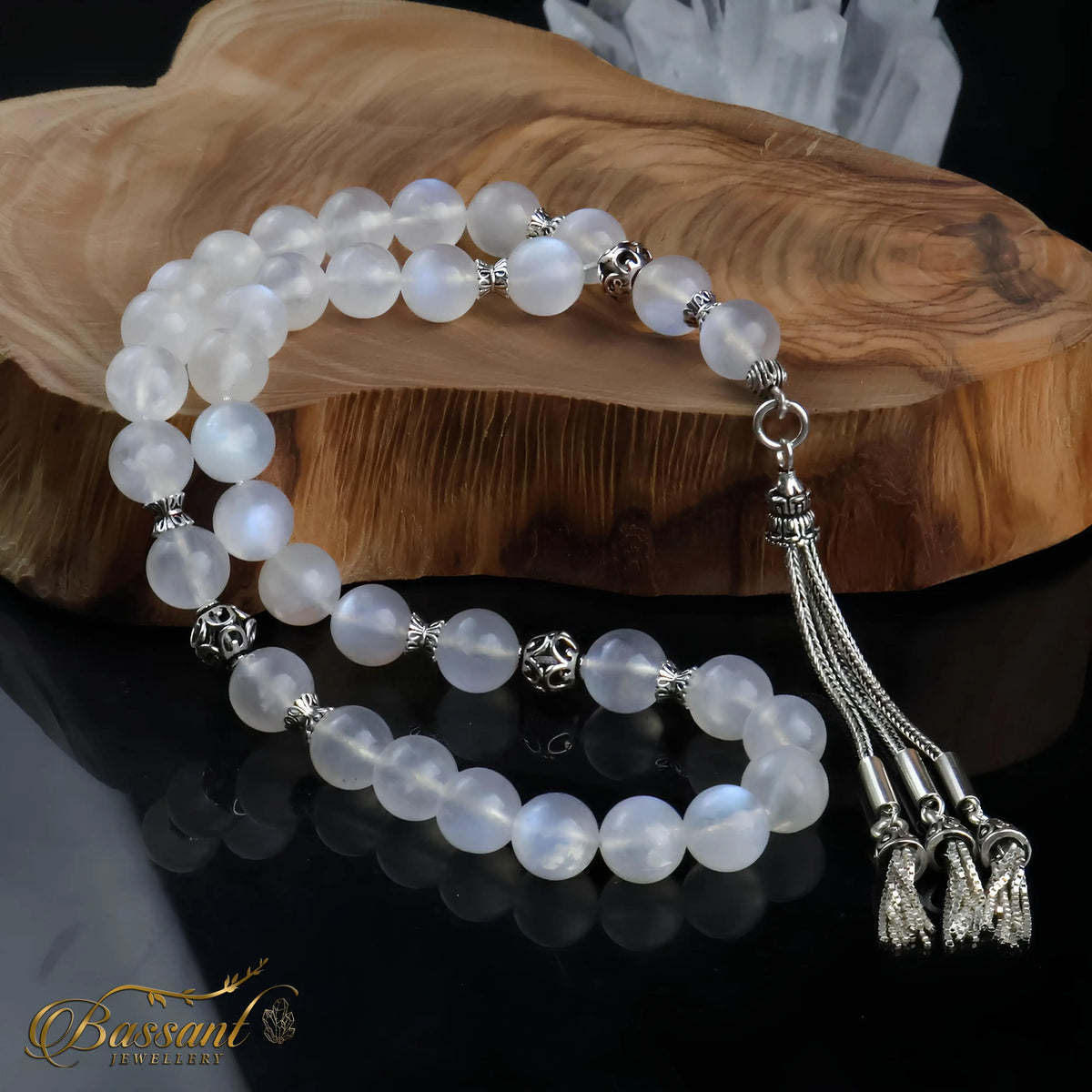 سبحة حجر كريم حجر القمر قوس قزح | أحجار كريمة و فضة عيار ٩٢٥ | Rainbow Moonstone gemstone Islamic prayer beads - Silver 925 | Bassant Jewellery