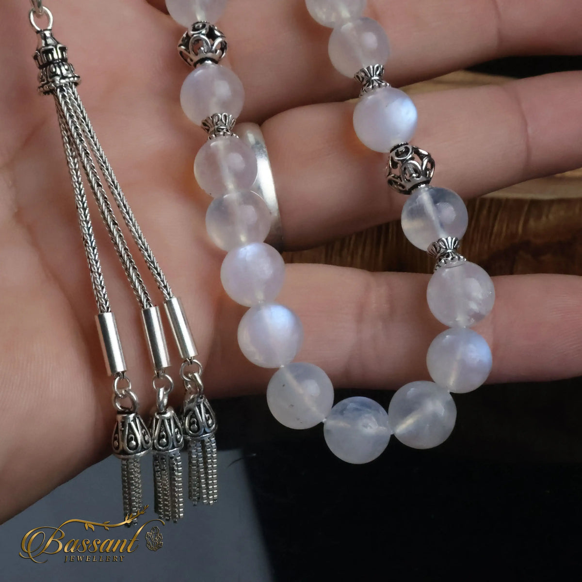 سبحة حجر كريم حجر القمر قوس قزح | أحجار كريمة و فضة عيار ٩٢٥ | Rainbow Moonstone gemstone Islamic prayer beads - Silver 925 | Bassant Jewellery