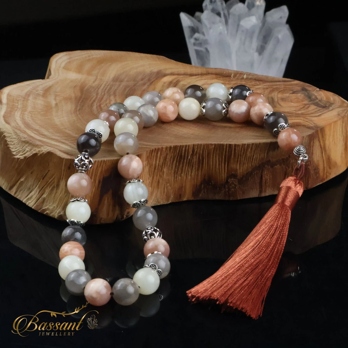 سبحة حجر كريم حجر القمر متعدد الألوان | أحجار كريمة و فضة عيار ٩٢٥ | Multi-Color Moonstone gemstone Islamic prayer beads - Silver 925 | Bassant Jewellery