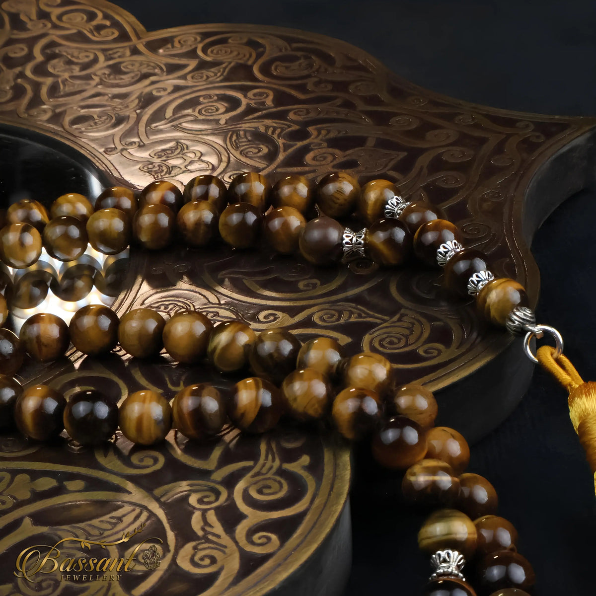 سبحة حجر كريم حجر عين النمر | أحجار كريمة و فضة عيار ٩٢٥ | Tiger Eye gemstone Islamic prayer beads - Silver 925 | Bassant Jewellery