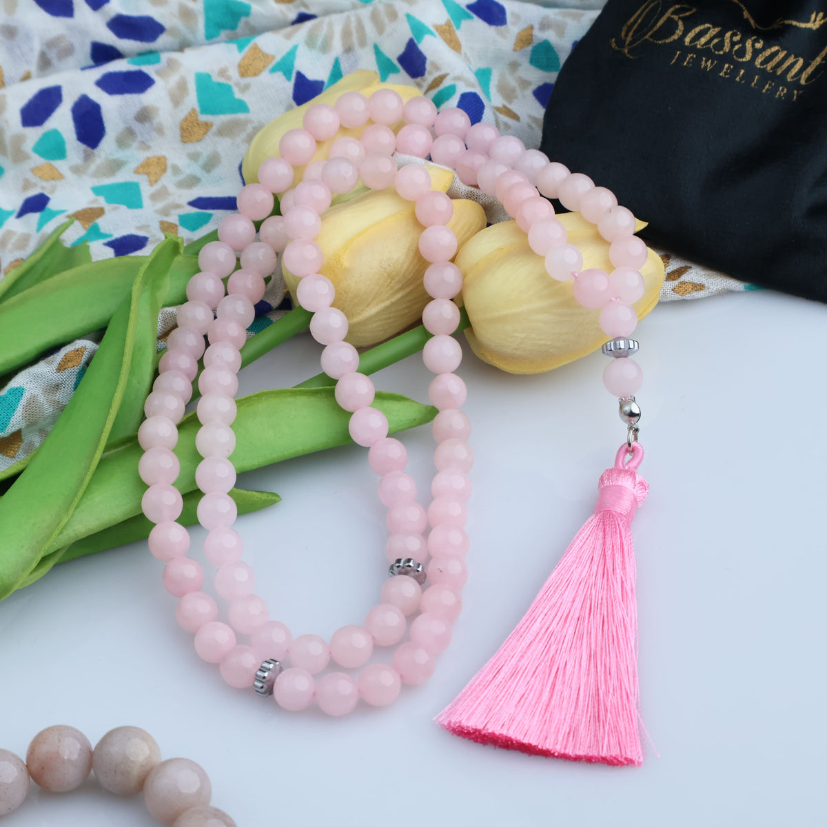 سبحة حجر كريم الكوارتز الوردي | أحجار كريمة و فضة عيار ٩٢٥ | Rose Quartz gemstone Islamic prayer beads - Silver 925 | Bassant Jewellery