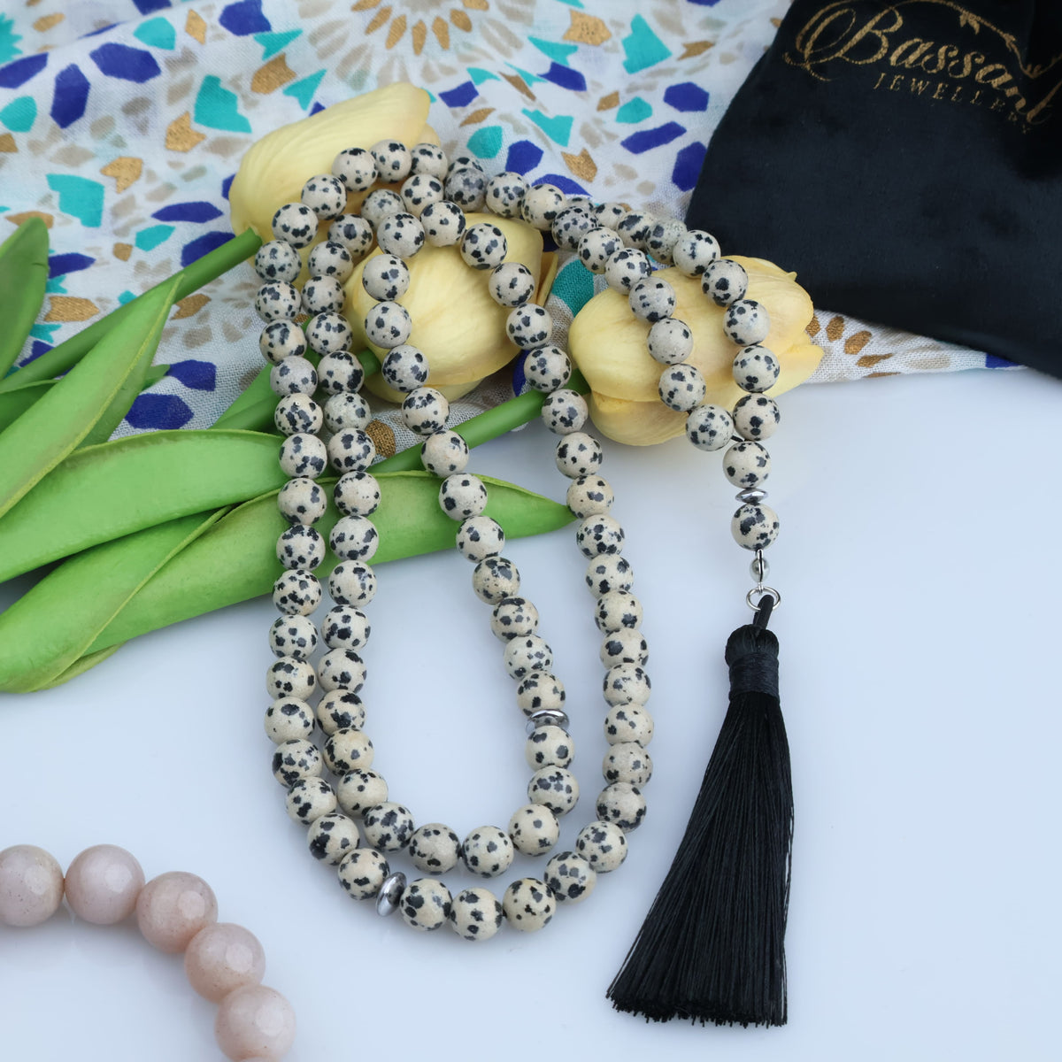 سبحة حجر كريم الجاسبر الدلماسي | أحجار كريمة و فضة عيار ٩٢٥ | Dalmatian Jasper gemstone Islamic prayer beads - Silver 925 | Bassant Jewellery