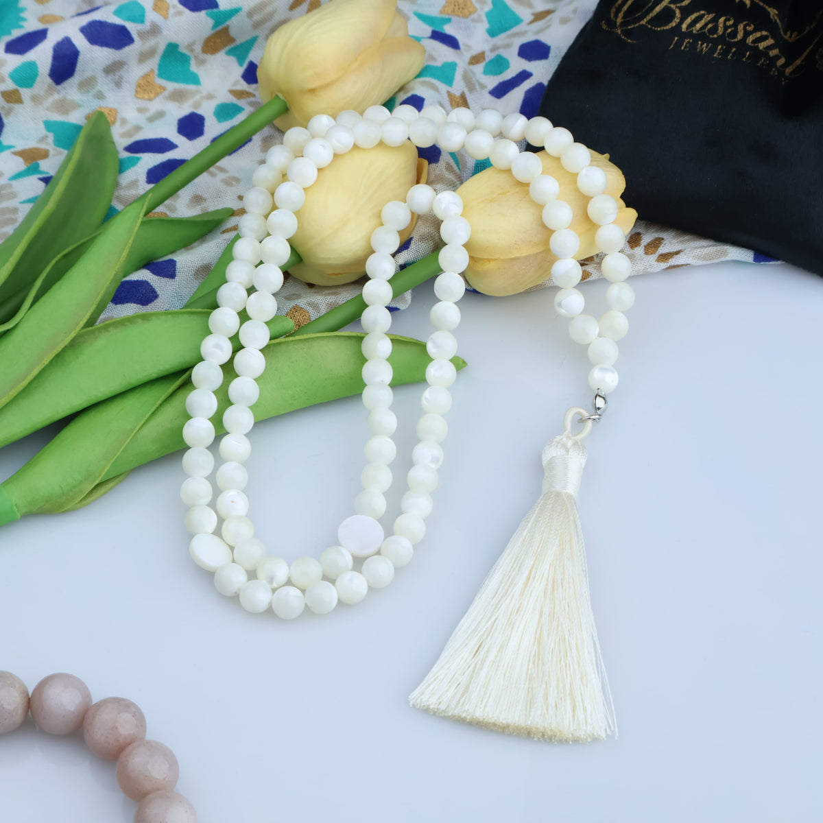 سبحة حجر كريم صدف تروكوس الأبيض | أحجار كريمة و فضة عيار ٩٢٥ | White Trochus Shell gemstone Islamic prayer beads - Silver 925 | Bassant Jewellery