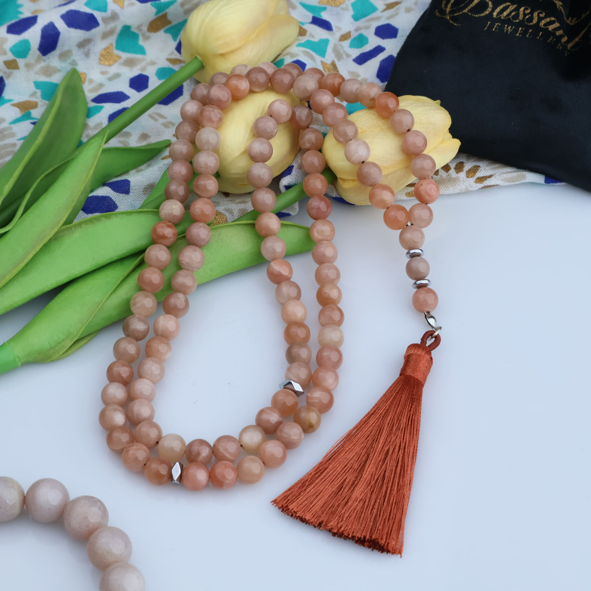 سبحة حجر كريم حجر الشمس | أحجار كريمة و فضة عيار ٩٢٥ | Sunstone gemstone Islamic prayer beads - Silver 925 | Bassant Jewellery