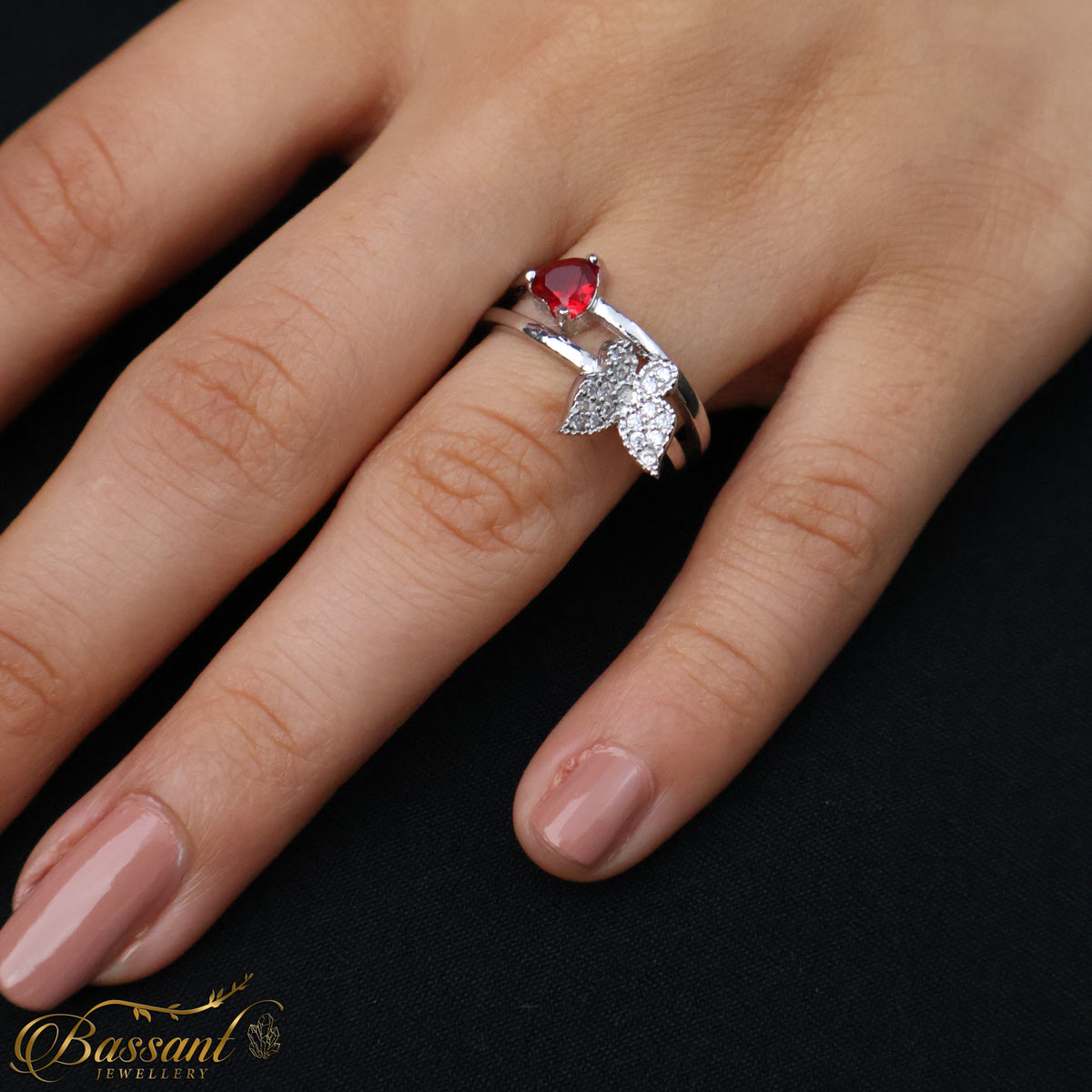 خاتم فضة عيار ٩٢٥ Heart & Butterfly | Heart & Butterfly Sterling Silver 925 Ring | Bassant Jewellery