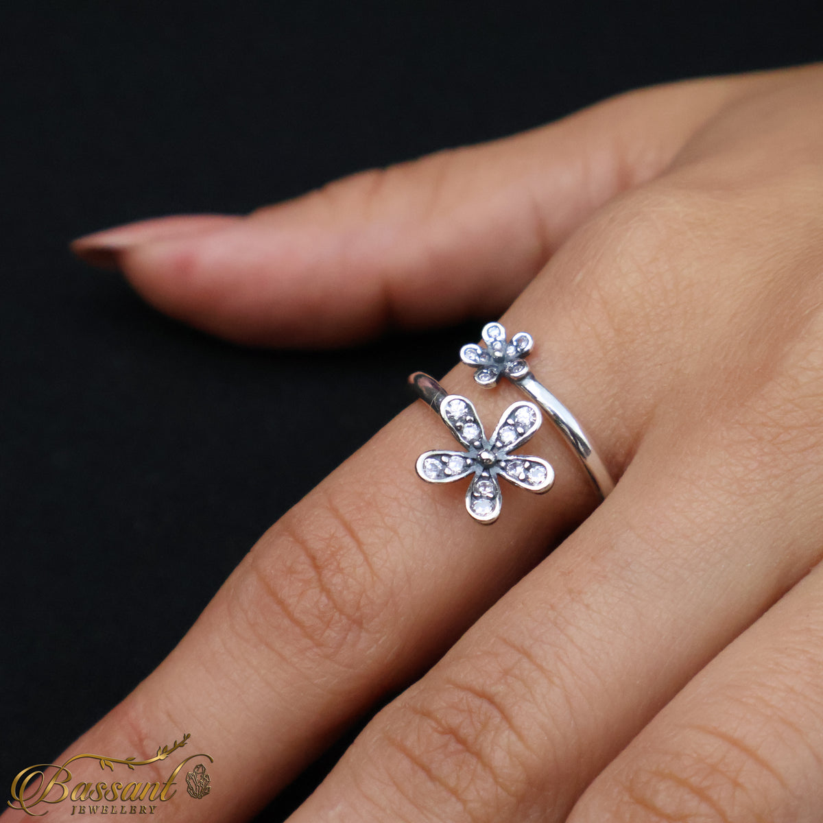 خاتم فضة عيار ٩٢٥ Two Flowers | Two Flowers Sterling Silver 925 Ring | Bassant Jewellery
