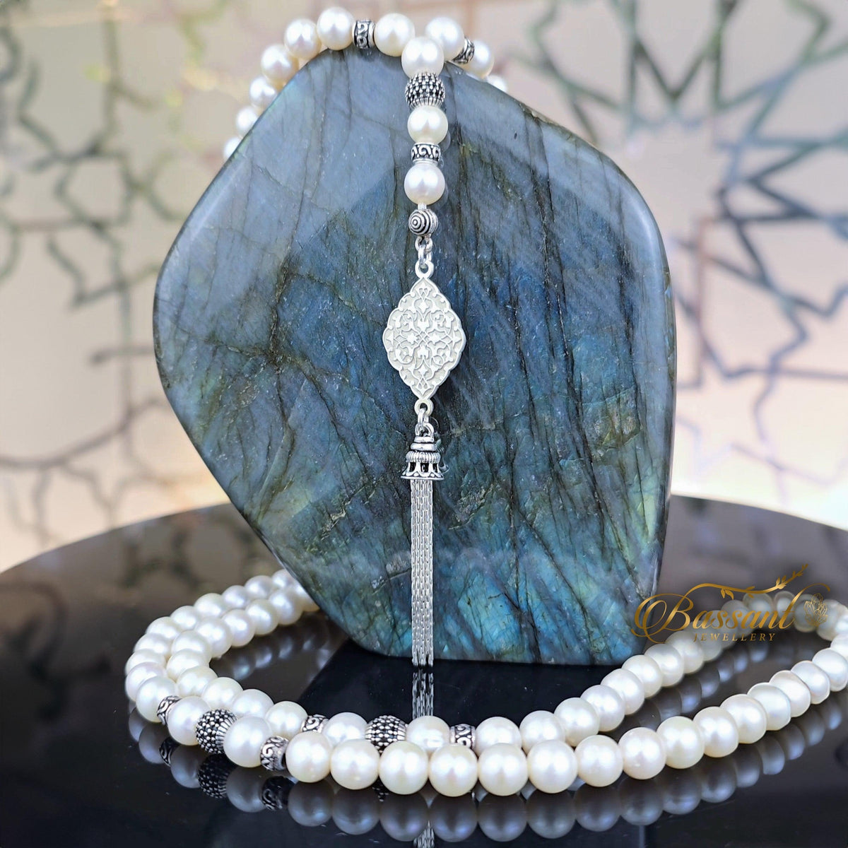 سبحة حجر كريم اللؤلؤ | أحجار كريمة و فضة عيار ٩٢٥ | Pearl gemstone Islamic prayer beads - Silver 925 | Bassant Jewellery