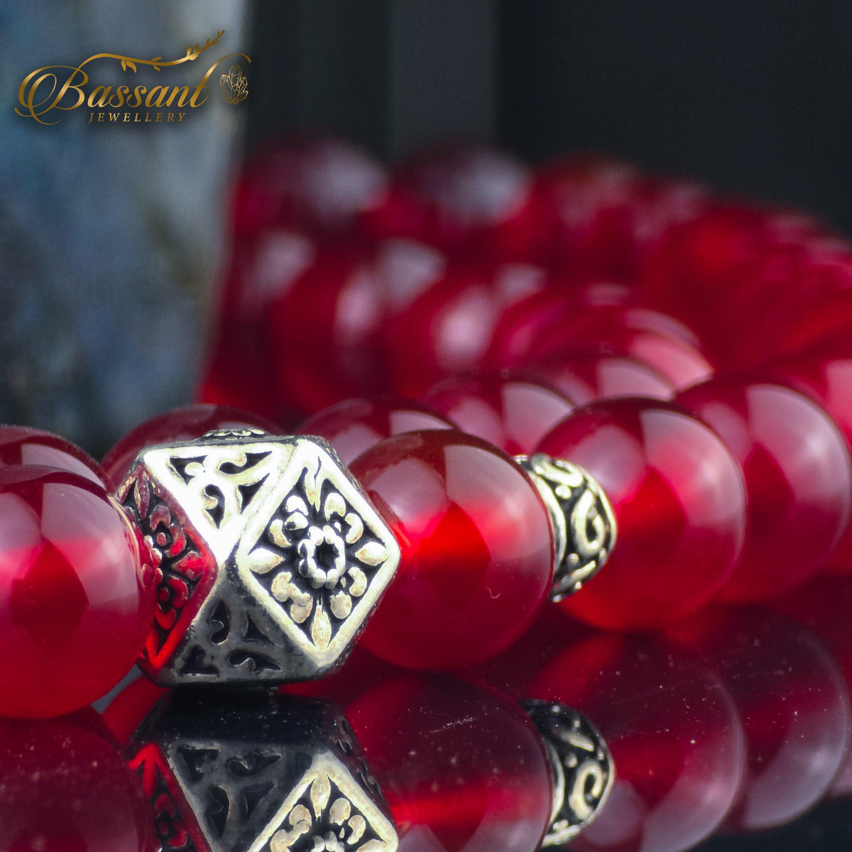 سبحة حجر كريم العقيق الأحمر | أحجار كريمة و فضة عيار ٩٢٥ | Red Agate gemstone Islamic prayer beads - Silver 925 | Bassant Jewellery