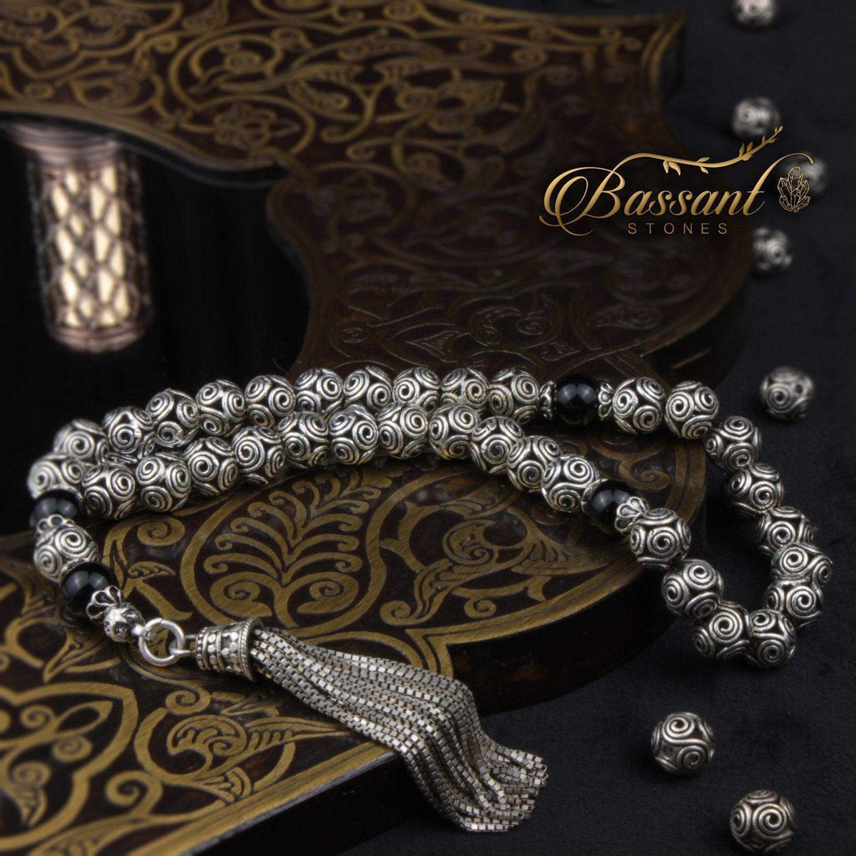 سبحة حجر كريم الفضة والأونكس | أحجار كريمة و فضة عيار ٩٢٥ | Silver & Onyx gemstone Islamic prayer beads - Silver 925 | Bassant Jewellery
