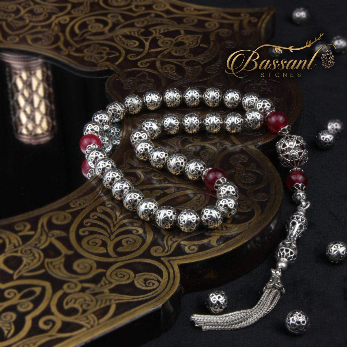 سبحة حجر كريم الفضة واليشم | أحجار كريمة و فضة عيار ٩٢٥ | Silver & Jade gemstone Islamic prayer beads - Silver 925 | Bassant Jewellery