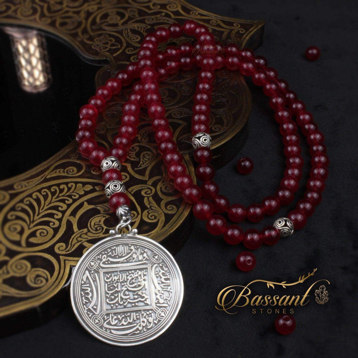 سبحة حجر كريم اليشم الأحمر | أحجار كريمة و فضة عيار ٩٢٥ | Red Jade gemstone Islamic prayer beads - Silver 925 | Bassant Jewellery