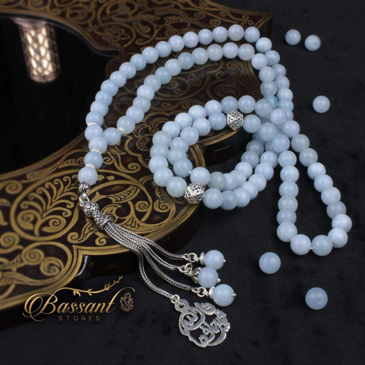 سبحة حجر كريم الأكوامارين | أحجار كريمة و فضة عيار ٩٢٥ | Aquamarine gemstone Islamic prayer beads - Silver 925 | Bassant Jewellery