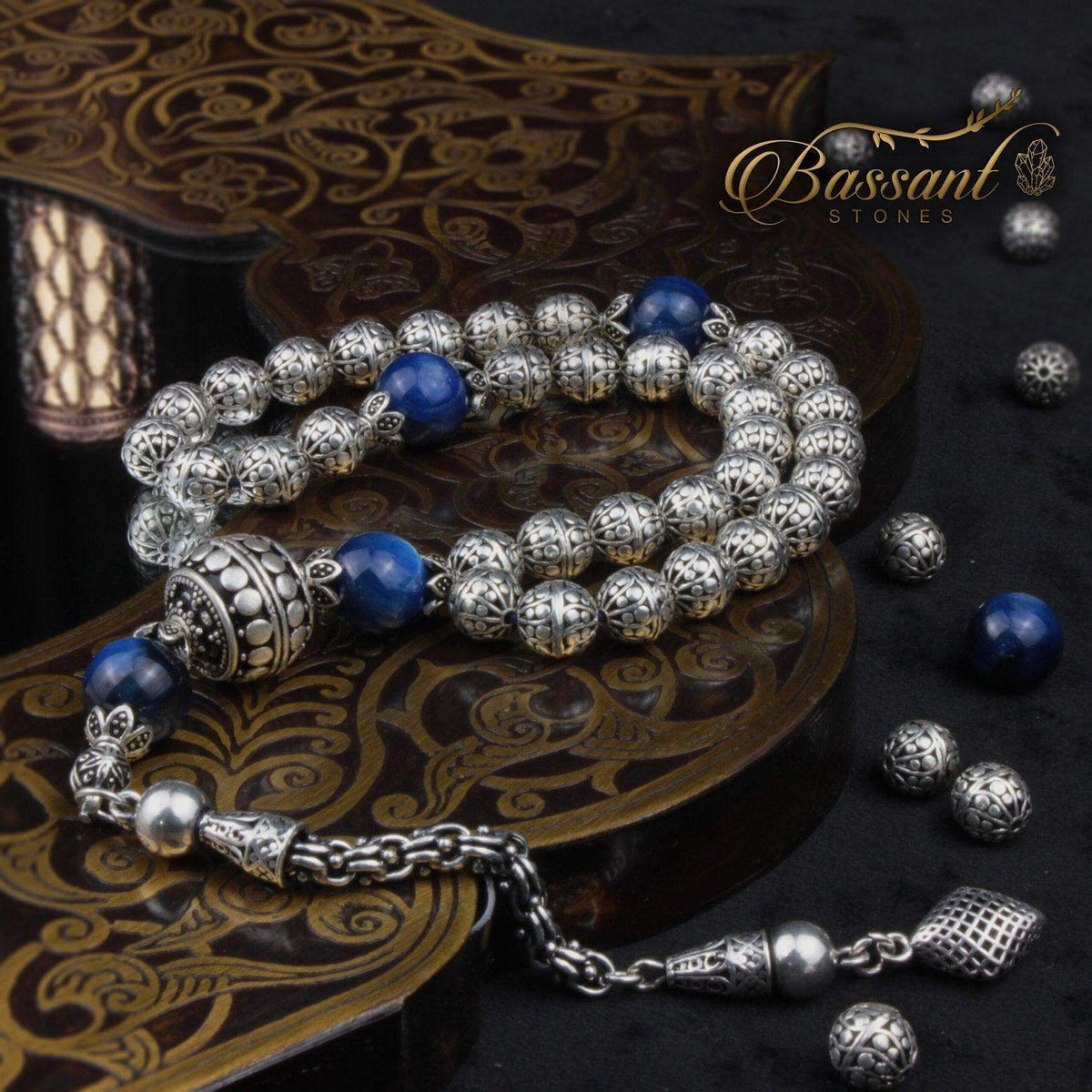 سبحة حجر كريم الفضة والكيانيت | أحجار كريمة و فضة عيار ٩٢٥ | Silver & Kyanite gemstone Islamic prayer beads - Silver 925 | Bassant Jewellery