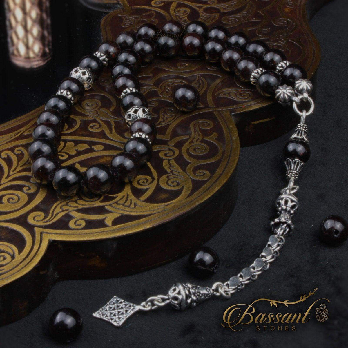 سبحة حجر كريم الجارنيت الألماندين | أحجار كريمة و فضة عيار ٩٢٥ | Almandine Garnet gemstone Islamic prayer beads - Silver 925 | Bassant Jewellery