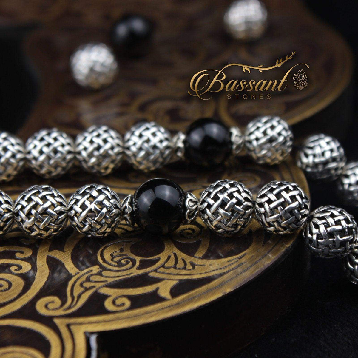 سبحة حجر كريم الفضة والأونكس | أحجار كريمة و فضة عيار ٩٢٥ | Silver & Onyx gemstone Islamic prayer beads - Silver 925 | Bassant Jewellery
