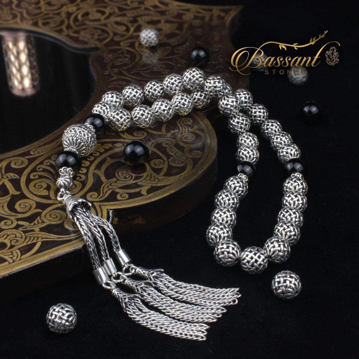 سبحة حجر كريم الفضة والأونكس | أحجار كريمة و فضة عيار ٩٢٥ | Silver & Onyx gemstone Islamic prayer beads - Silver 925 | Bassant Jewellery