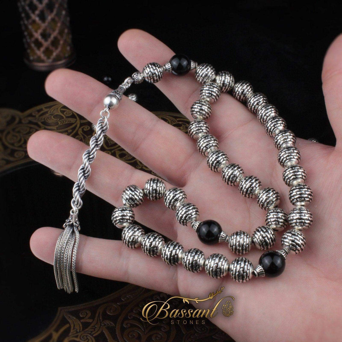 سبحة حجر كريم الفضة والأونكس | أحجار كريمة و فضة عيار ٩٢٥ | Silver & Onyx gemstone Islamic prayer beads - Silver 925 | Bassant Jewellery