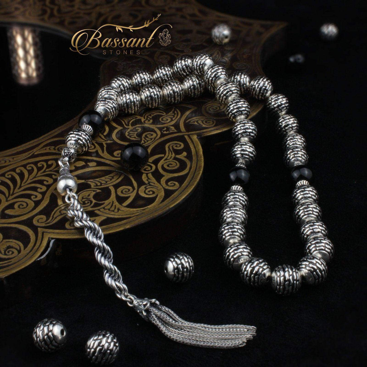 سبحة حجر كريم الفضة والأونكس | أحجار كريمة و فضة عيار ٩٢٥ | Silver & Onyx gemstone Islamic prayer beads - Silver 925 | Bassant Jewellery