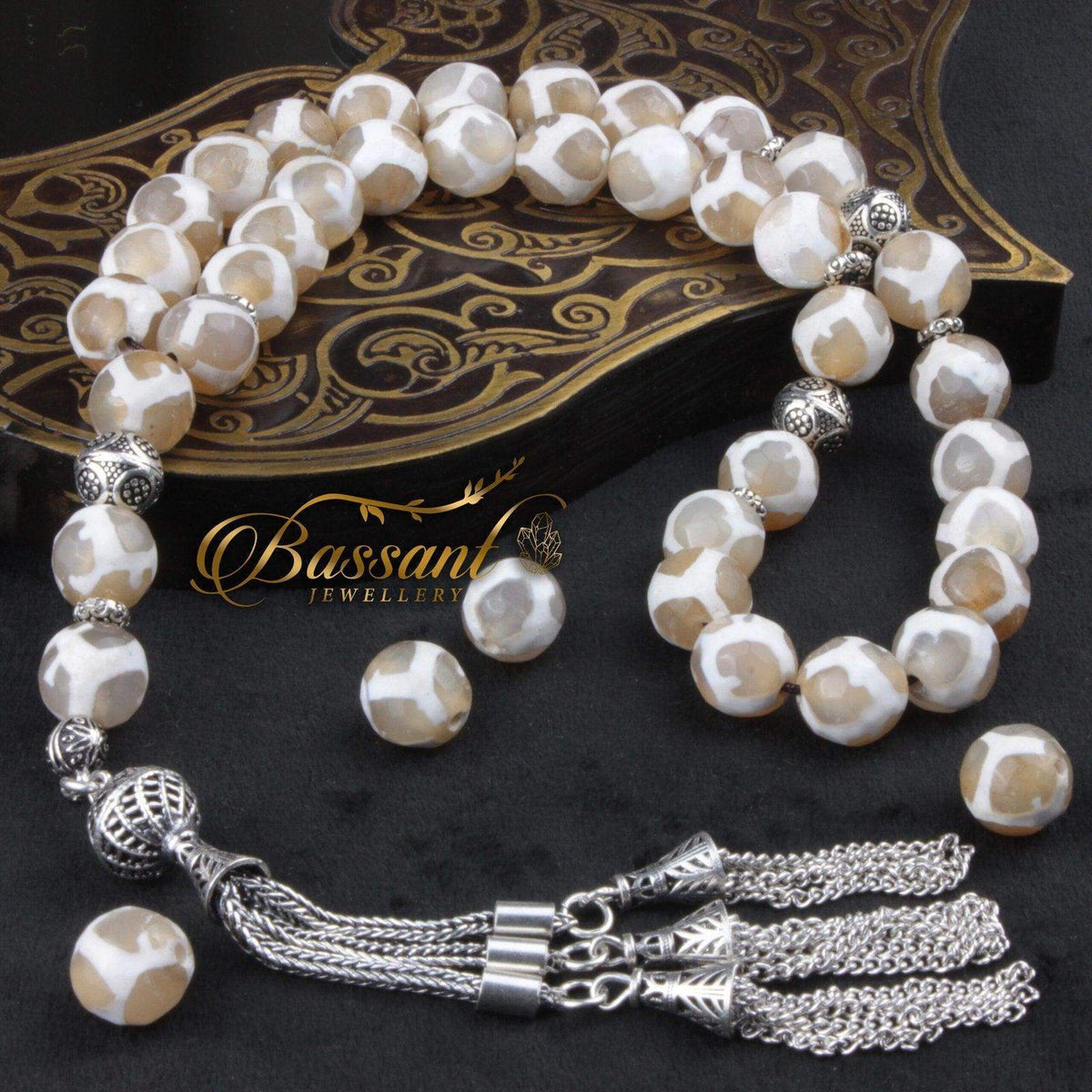 سبحة حجر كريم العقيق التبتي | أحجار كريمة و فضة عيار ٩٢٥ | Tibetan Agate gemstone Islamic prayer beads - Silver 925 | Bassant Jewellery