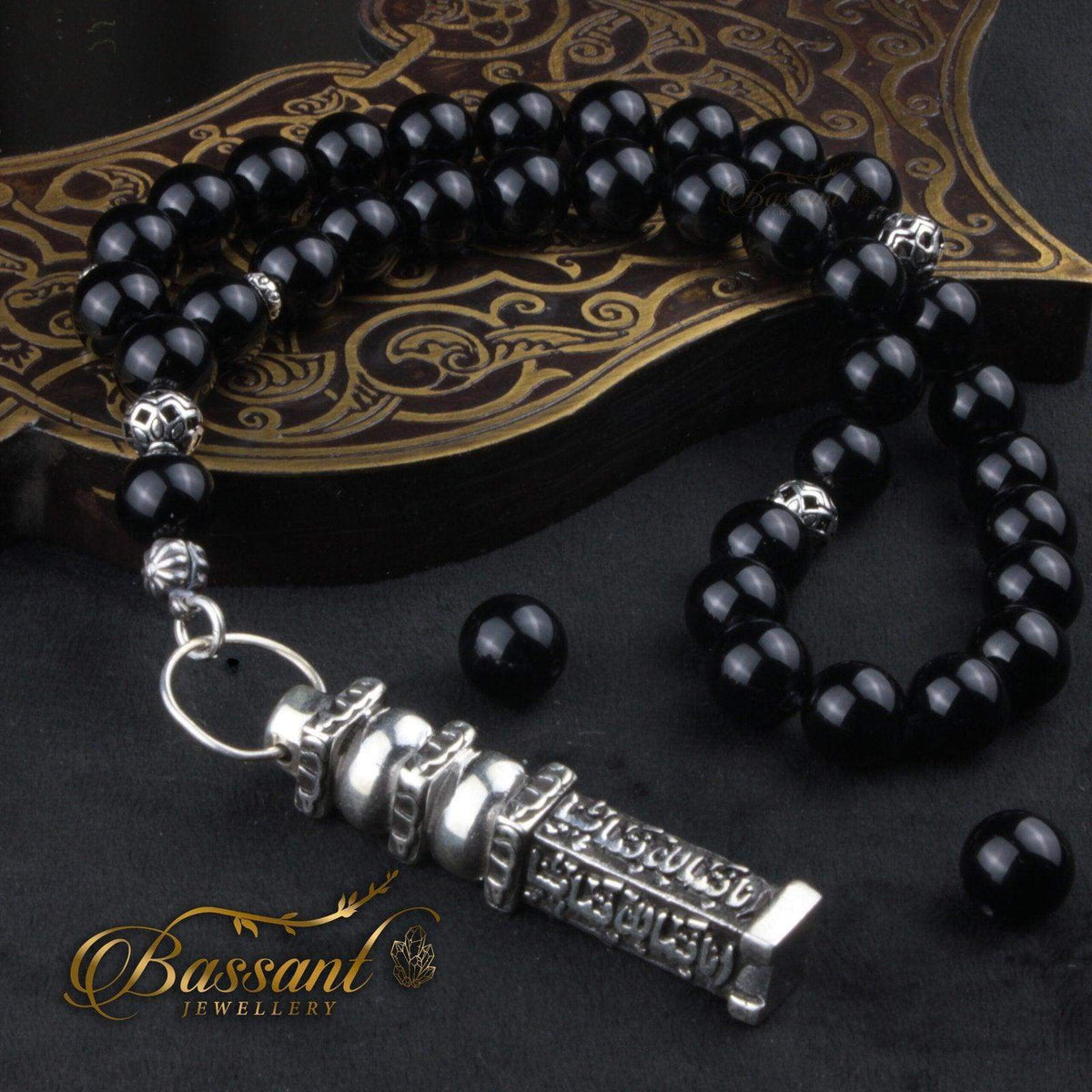 سبحة حجر كريم العقيق الأسود أونكس | أحجار كريمة و فضة عيار ٩٢٥ | Black Agate - Onyx gemstone Islamic prayer beads - Silver 925 | Bassant Jewellery