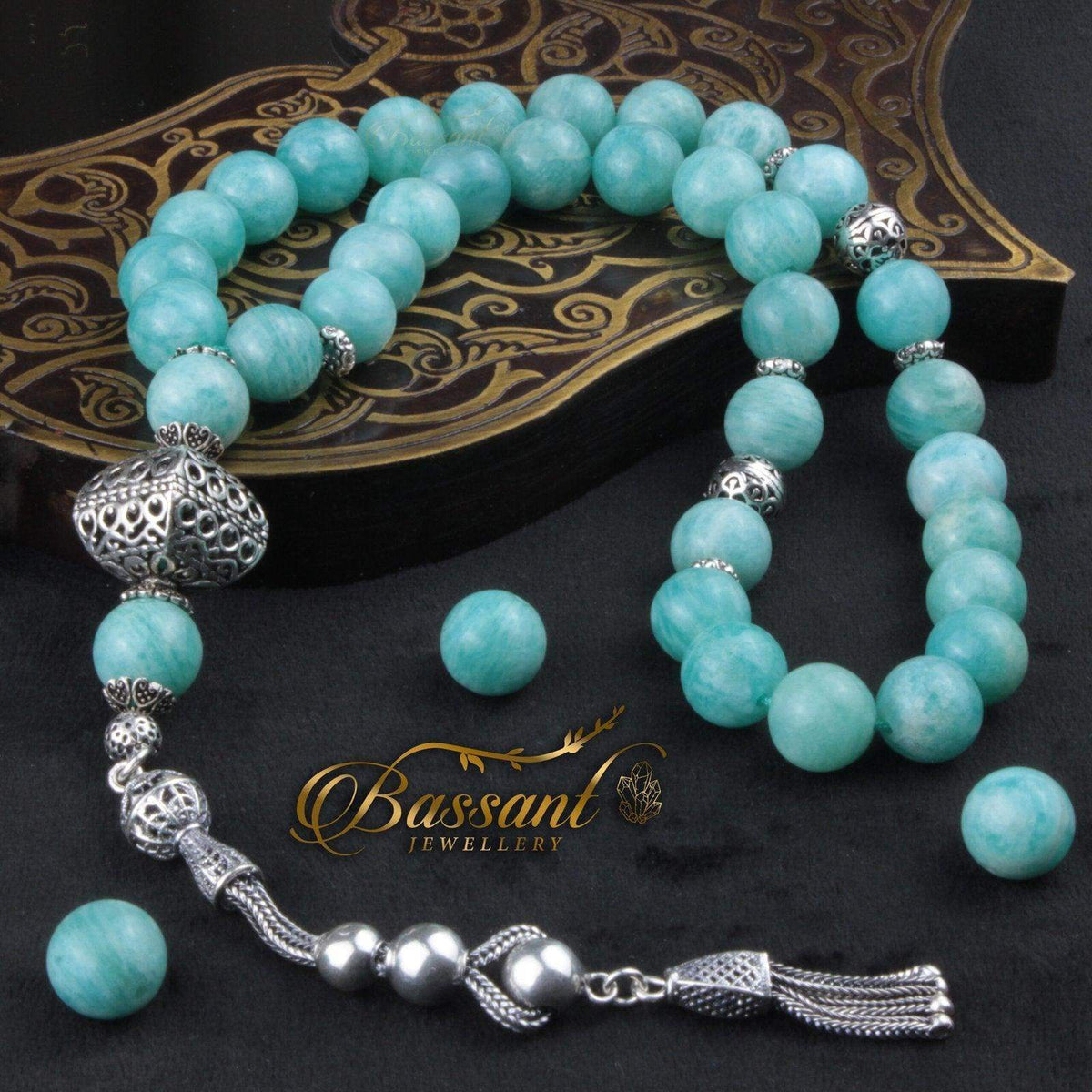 سبحة حجر كريم الأمازونيت | أحجار كريمة و فضة عيار ٩٢٥ | Amazonite gemstone Islamic prayer beads - Silver 925 | Bassant Jewellery