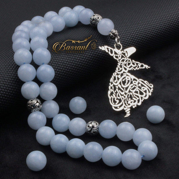 سبحة حجر كريم اليشم الأزرق السماوي | أحجار كريمة و فضة عيار ٩٢٥ | Sky Blue Jade gemstone Islamic prayer beads - Silver 925 | Bassant Jewellery
