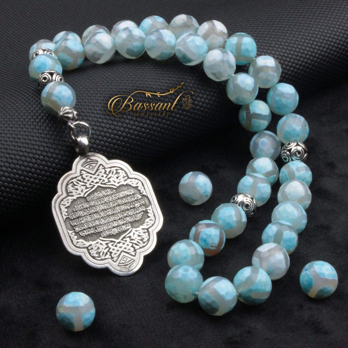 سبحة حجر كريم العقيق التبتي | أحجار كريمة و فضة عيار ٩٢٥ | Tibetan Agate gemstone Islamic prayer beads - Silver 925 | Bassant Jewellery