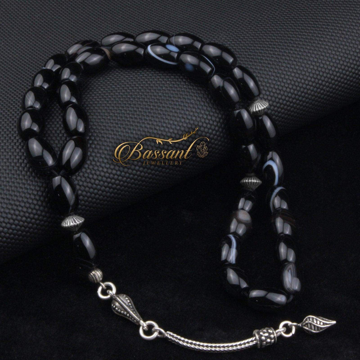 سبحة حجر كريم العقيق السليماني | أحجار كريمة و فضة عيار ٩٢٥ | Suleiman Agate gemstone Islamic prayer beads - Silver 925 | Bassant Jewellery