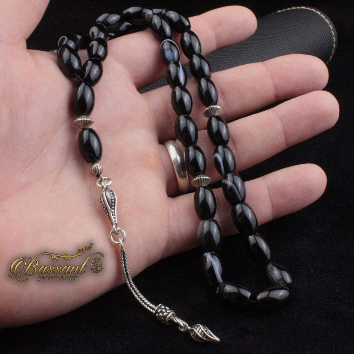 سبحة حجر كريم العقيق السليماني | أحجار كريمة و فضة عيار ٩٢٥ | Suleiman Agate gemstone Islamic prayer beads - Silver 925 | Bassant Jewellery