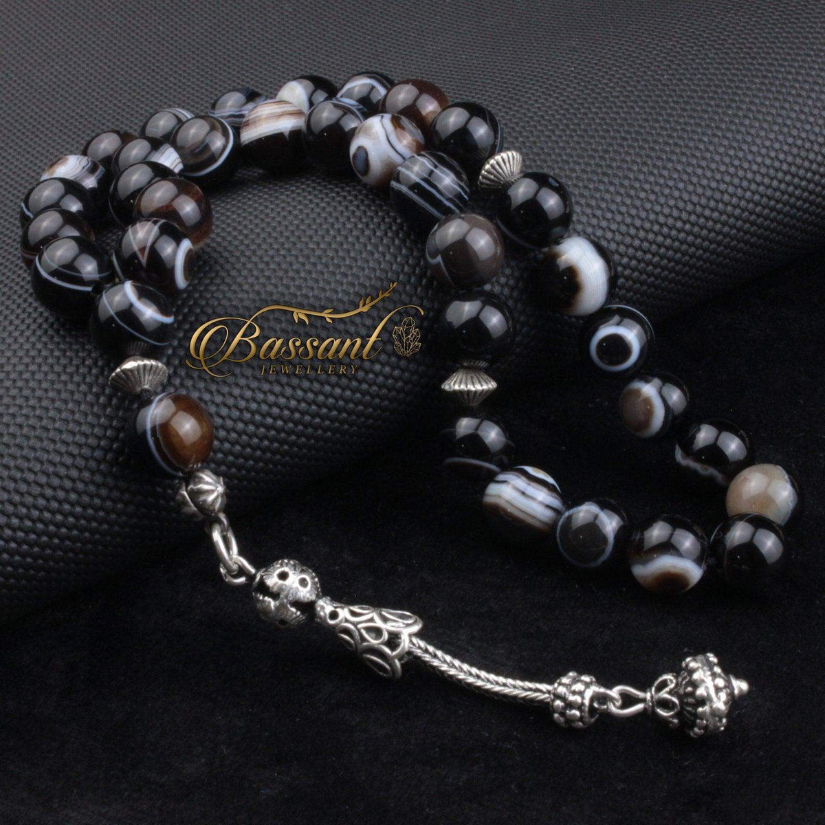 سبحة حجر كريم العقيق السليماني | أحجار كريمة و فضة عيار ٩٢٥ | Suleiman Agate gemstone Islamic prayer beads - Silver 925 | Bassant Jewellery
