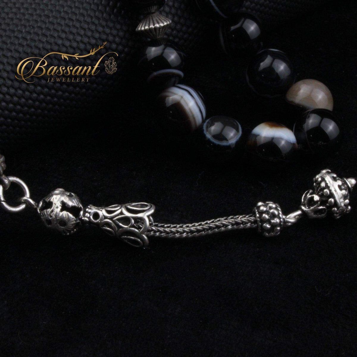 سبحة حجر كريم العقيق السليماني | أحجار كريمة و فضة عيار ٩٢٥ | Suleiman Agate gemstone Islamic prayer beads - Silver 925 | Bassant Jewellery