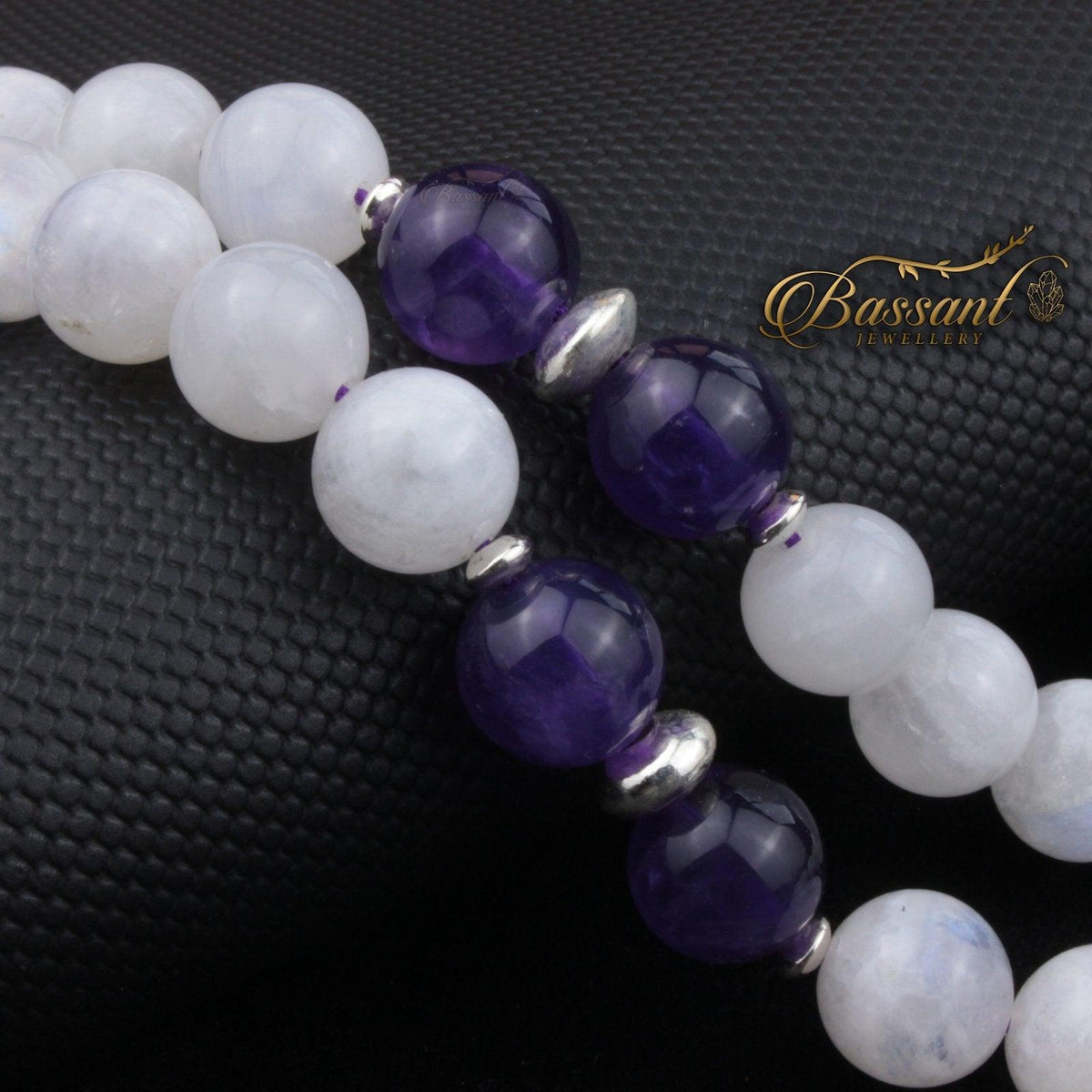 سبحة حجر كريم حجر القمر والأميثيست | أحجار كريمة و فضة عيار ٩٢٥ | Moonstone & Amethyst gemstone Islamic prayer beads - Silver 925 | Bassant Jewellery