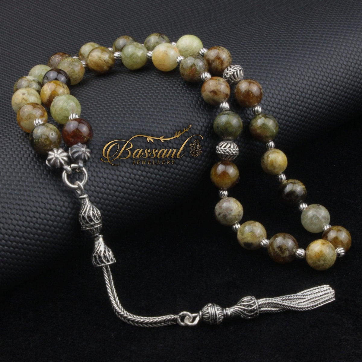 سبحة حجر كريم جارنيت التوبازوليت | أحجار كريمة و فضة عيار ٩٢٥ | Topazolite Garnet gemstone Islamic prayer beads - Silver 925 | Bassant Jewellery