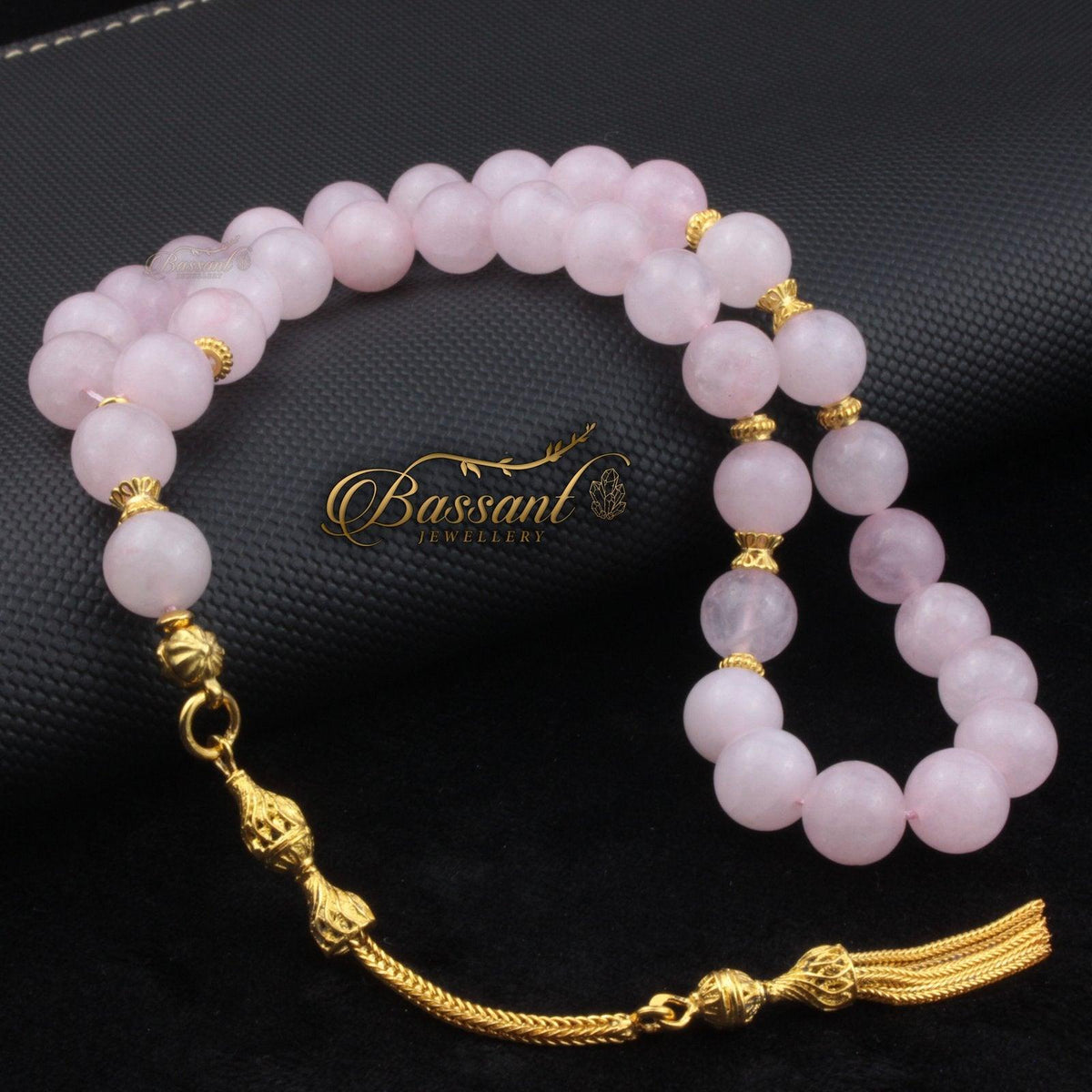سبحة حجر كريم الكوارتز الوردي | أحجار كريمة و فضة عيار ٩٢٥ | Rose Quartz gemstone Islamic prayer beads - Silver 925 | Bassant Jewellery