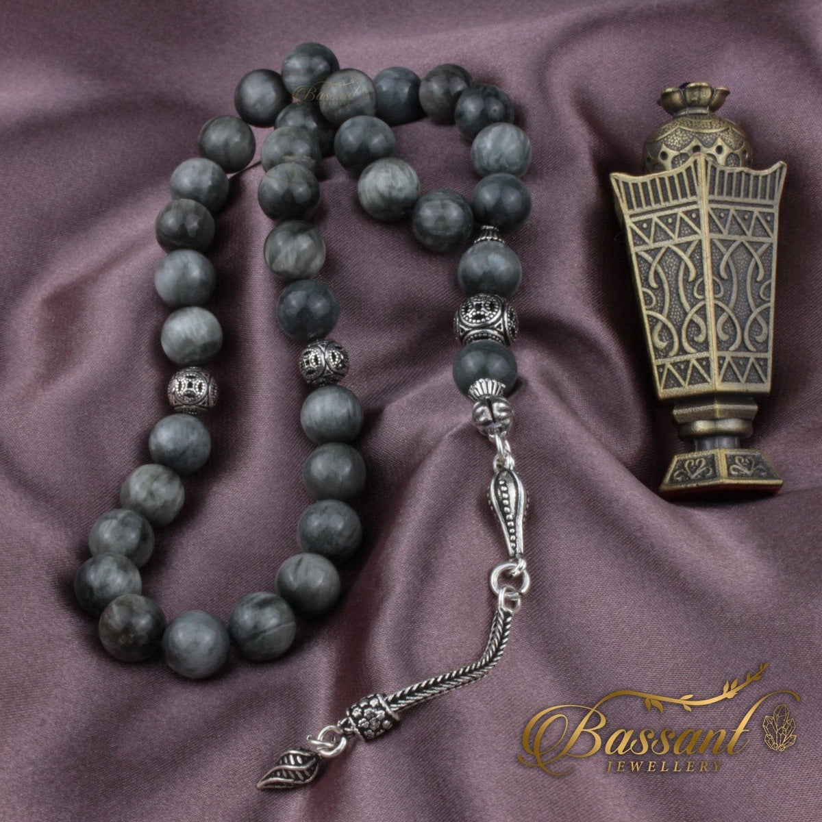 سبحة حجر كريم عين النسر | أحجار كريمة و فضة عيار ٩٢٥ | Eagle Eye gemstone Islamic prayer beads - Silver 925 | Bassant Jewellery