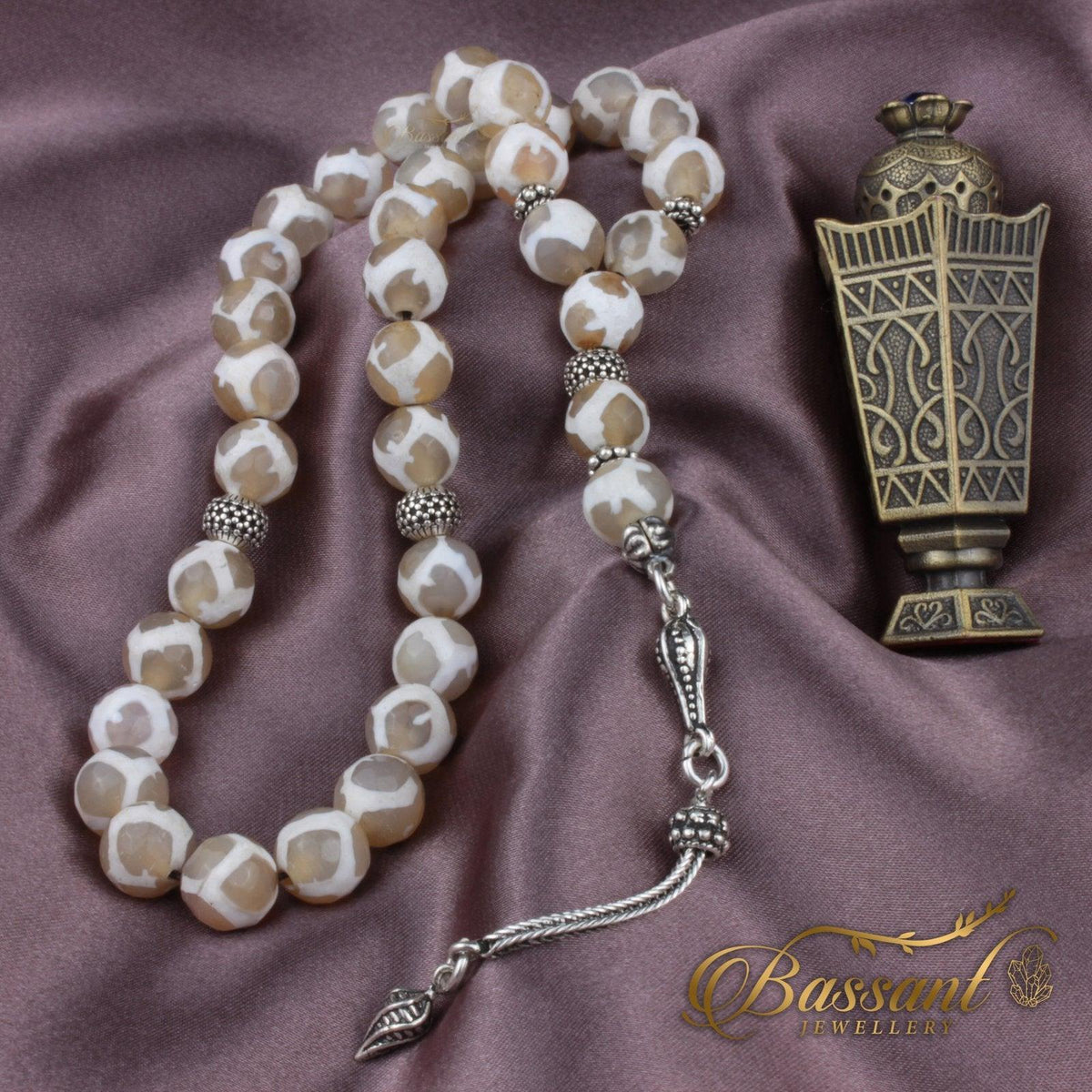 سبحة حجر كريم العقيق التبتي | أحجار كريمة و فضة عيار ٩٢٥ | Tibetan Agate gemstone Islamic prayer beads - Silver 925 | Bassant Jewellery