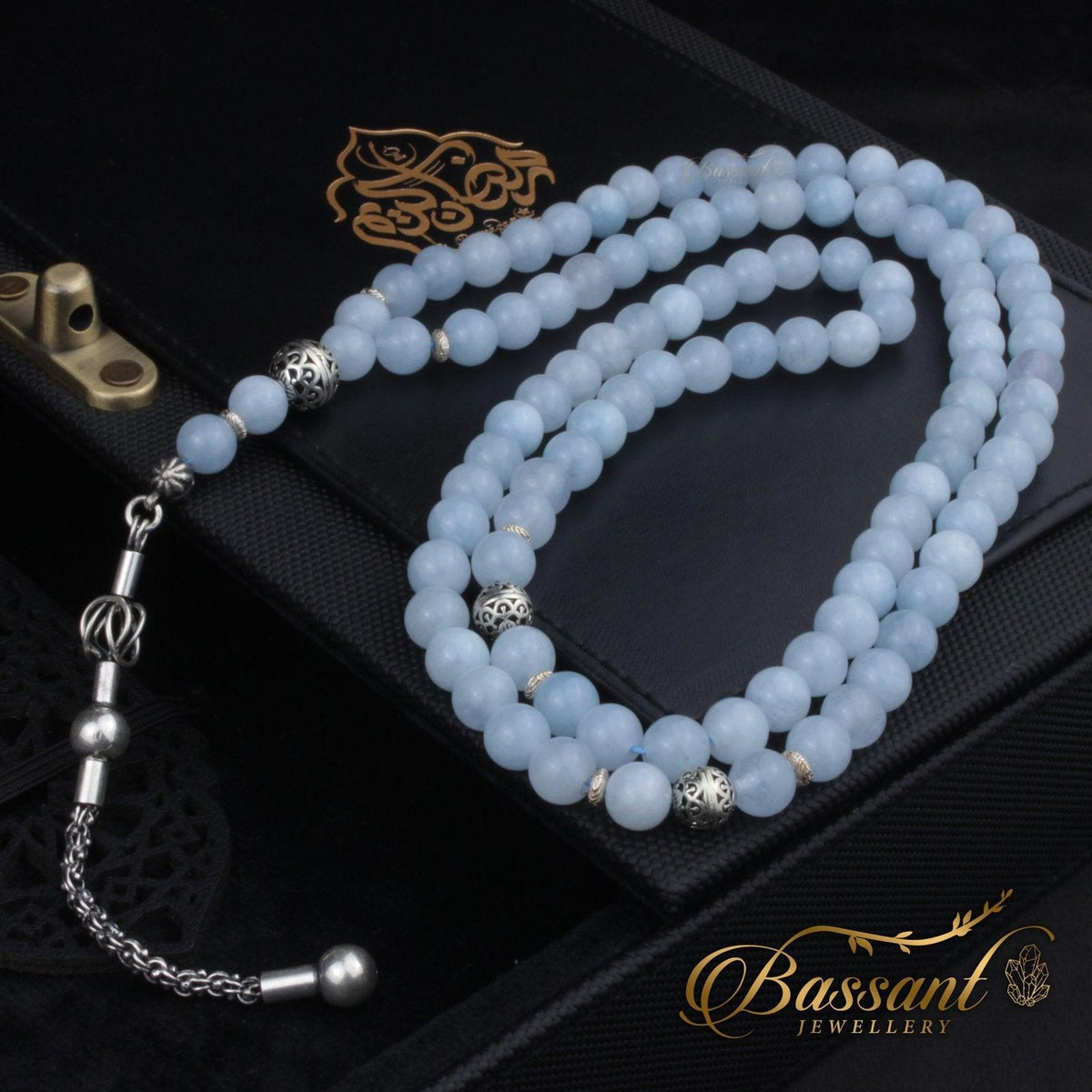 سبحة حجر كريم اليشم الأزرق السماوي | أحجار كريمة و فضة عيار ٩٢٥ | Sky Blue Jade gemstone Islamic prayer beads - Silver 925 | Bassant Jewellery