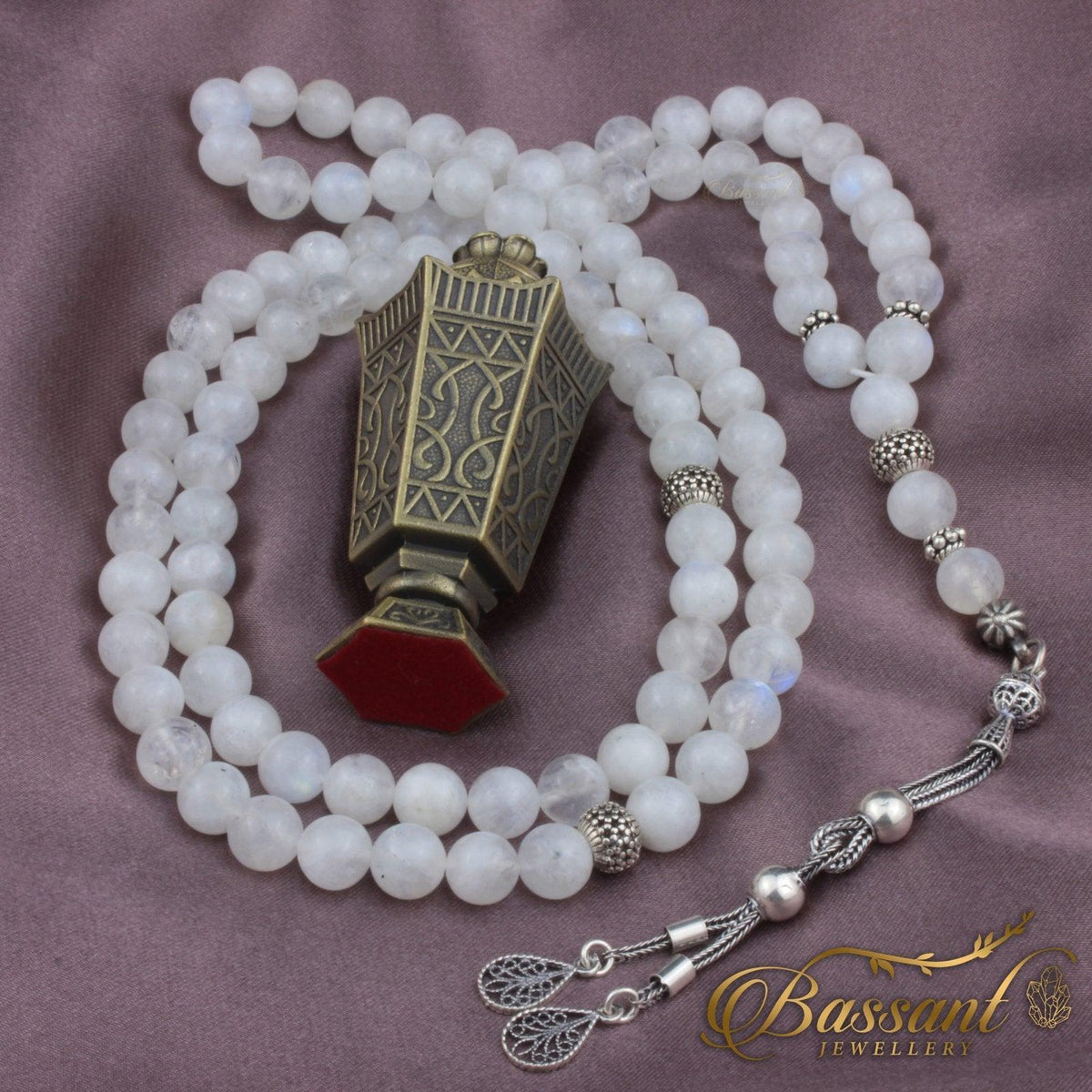 سبحة حجر كريم حجر القمر قوس قزح | أحجار كريمة و فضة عيار ٩٢٥ | Rainbow Moonstone gemstone Islamic prayer beads - Silver 925 | Bassant Jewellery