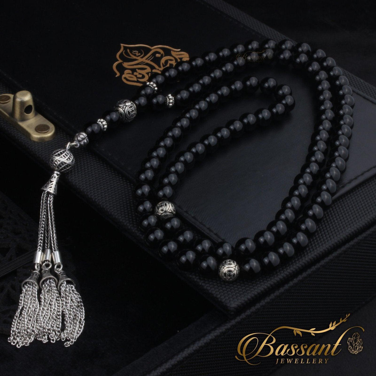 سبحة حجر كريم العقيق الأسود أونكس | أحجار كريمة و فضة عيار ٩٢٥ | Black Agate - Onyx gemstone Islamic prayer beads - Silver 925 | Bassant Jewellery