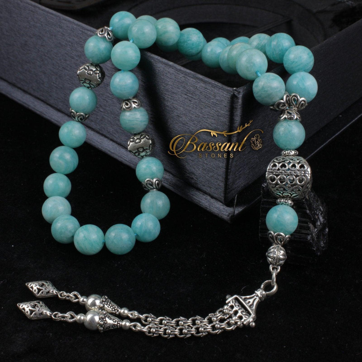 سبحة حجر كريم الأمازونيت | أحجار كريمة و فضة عيار ٩٢٥ | Amazonite gemstone Islamic prayer beads - Silver 925 | Bassant Jewellery