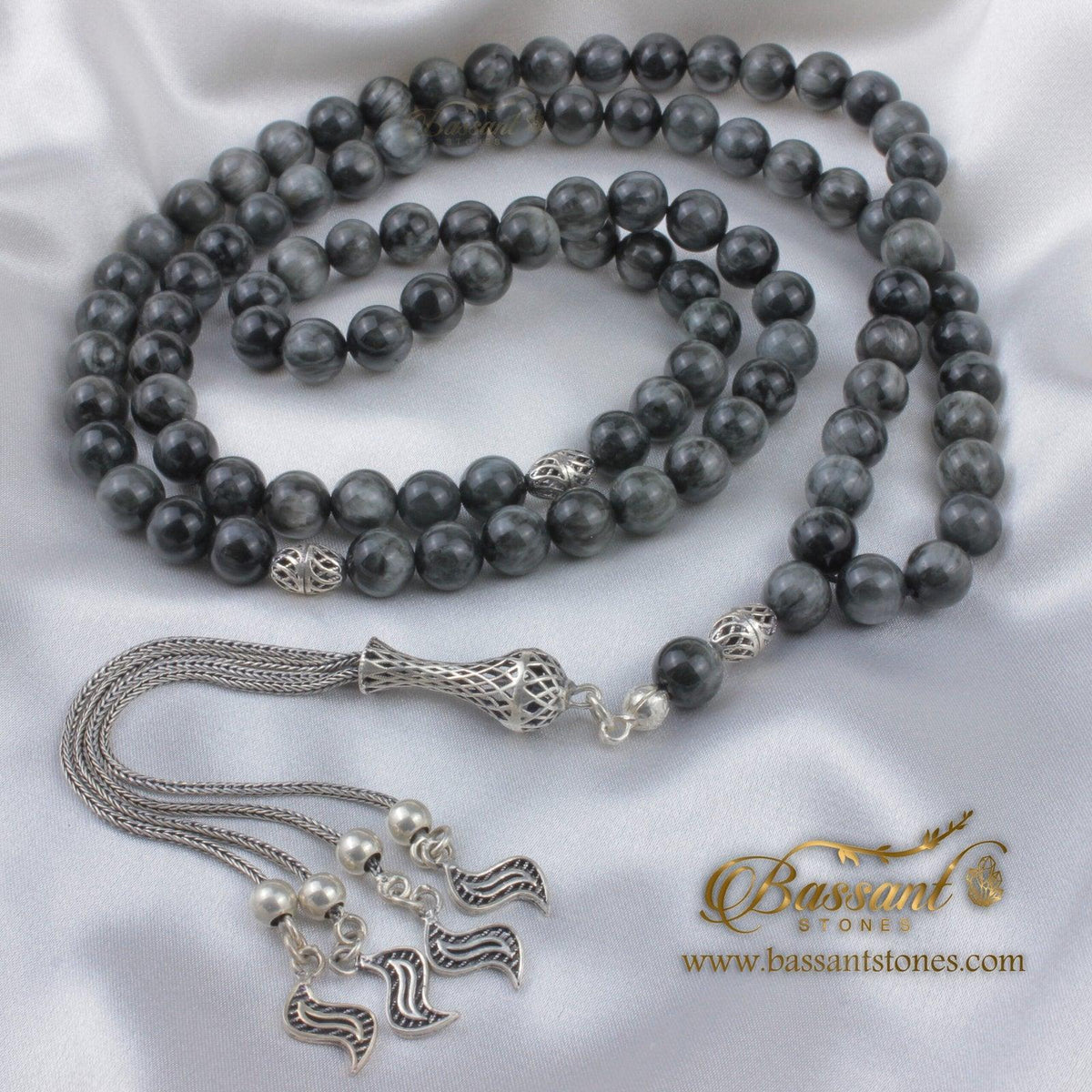 سبحة حجر كريم عين النسر | أحجار كريمة و فضة عيار ٩٢٥ | Eagle Eye gemstone Islamic prayer beads - Silver 925 | Bassant Jewellery